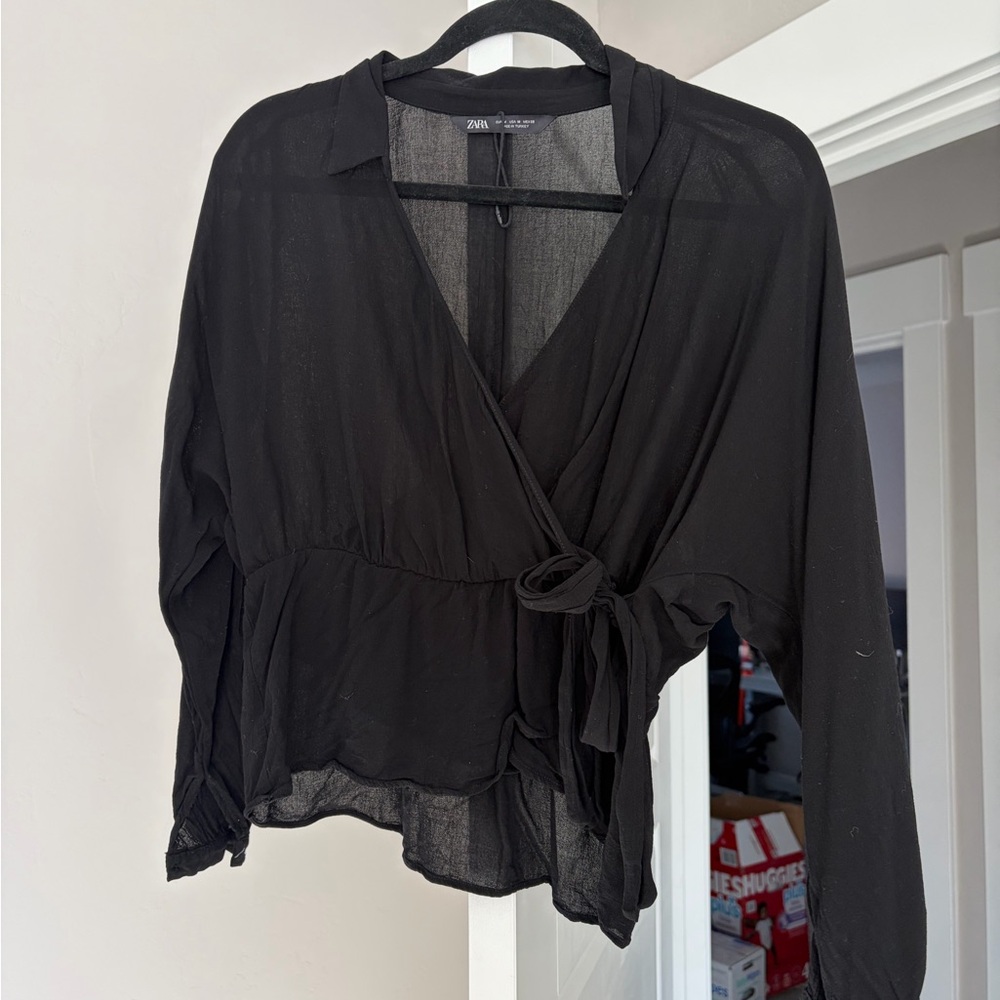 Zara Black Sheer Wrap Blouse with Tie